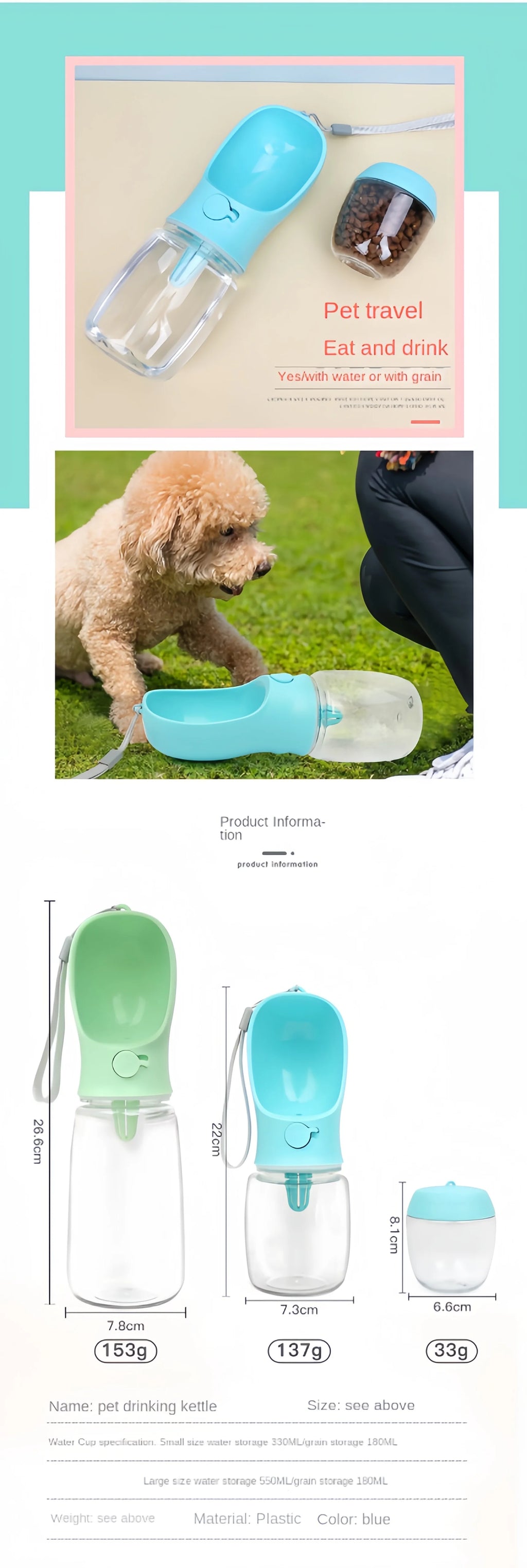 2-in-1 Portable Dog & Cat Water Bottle with Food Storage – Travel Pet Feeder Bowl