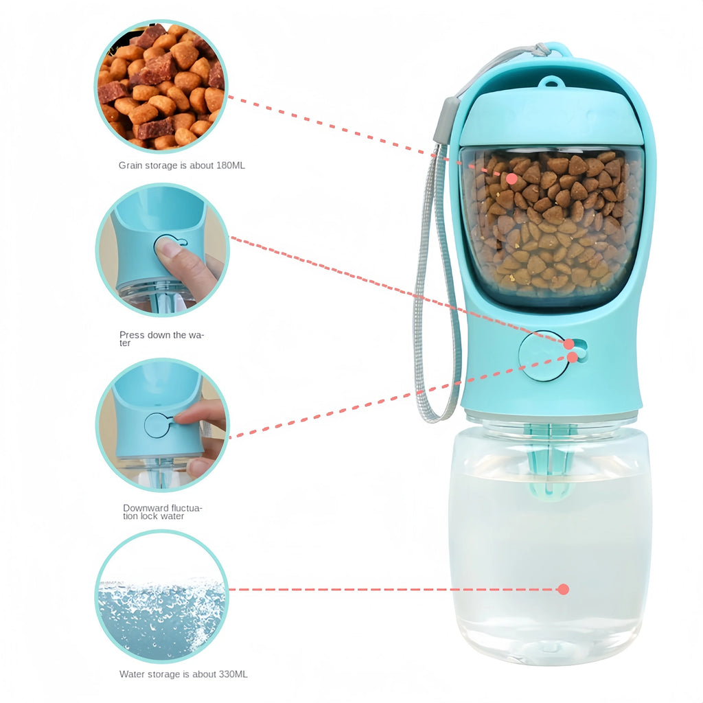 2-in-1 Portable Dog & Cat Water Bottle with Food Storage – Travel Pet Feeder Bowl