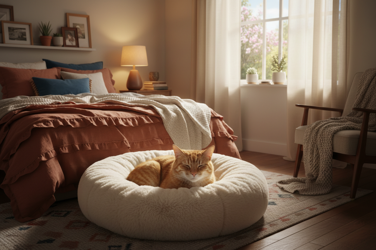 Pet relaxing in cozy bedroom in cozy house